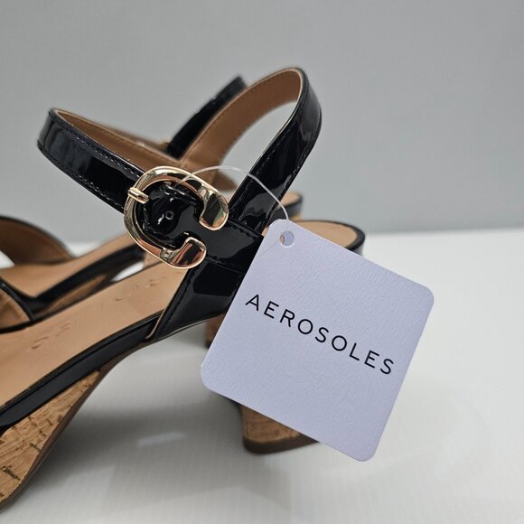 Aerosoles Cosmos Platform Sandal Womens 8 Black Patent Cork Chunky Heel NEW - Picture 12 of 15